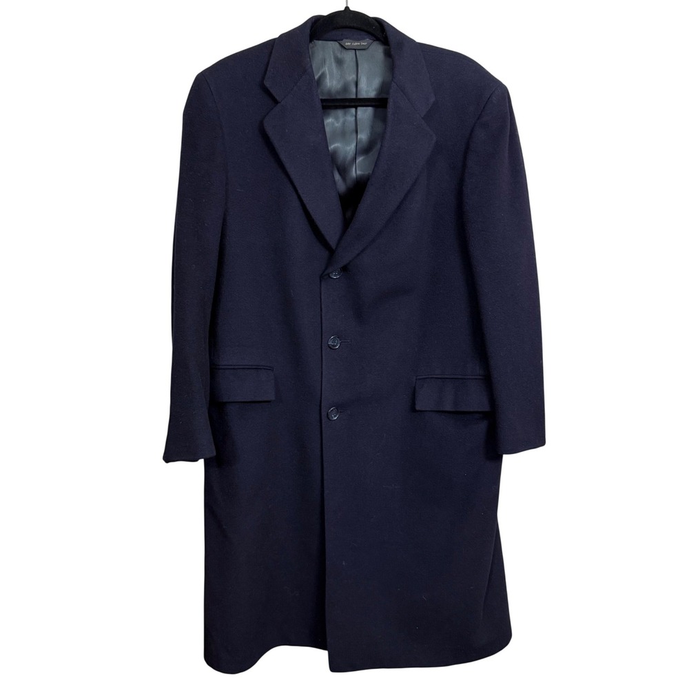 Vintage Stuart Reed Sakowitz Mens Navy Blue Wool Overcoat Long Trench Coat Large